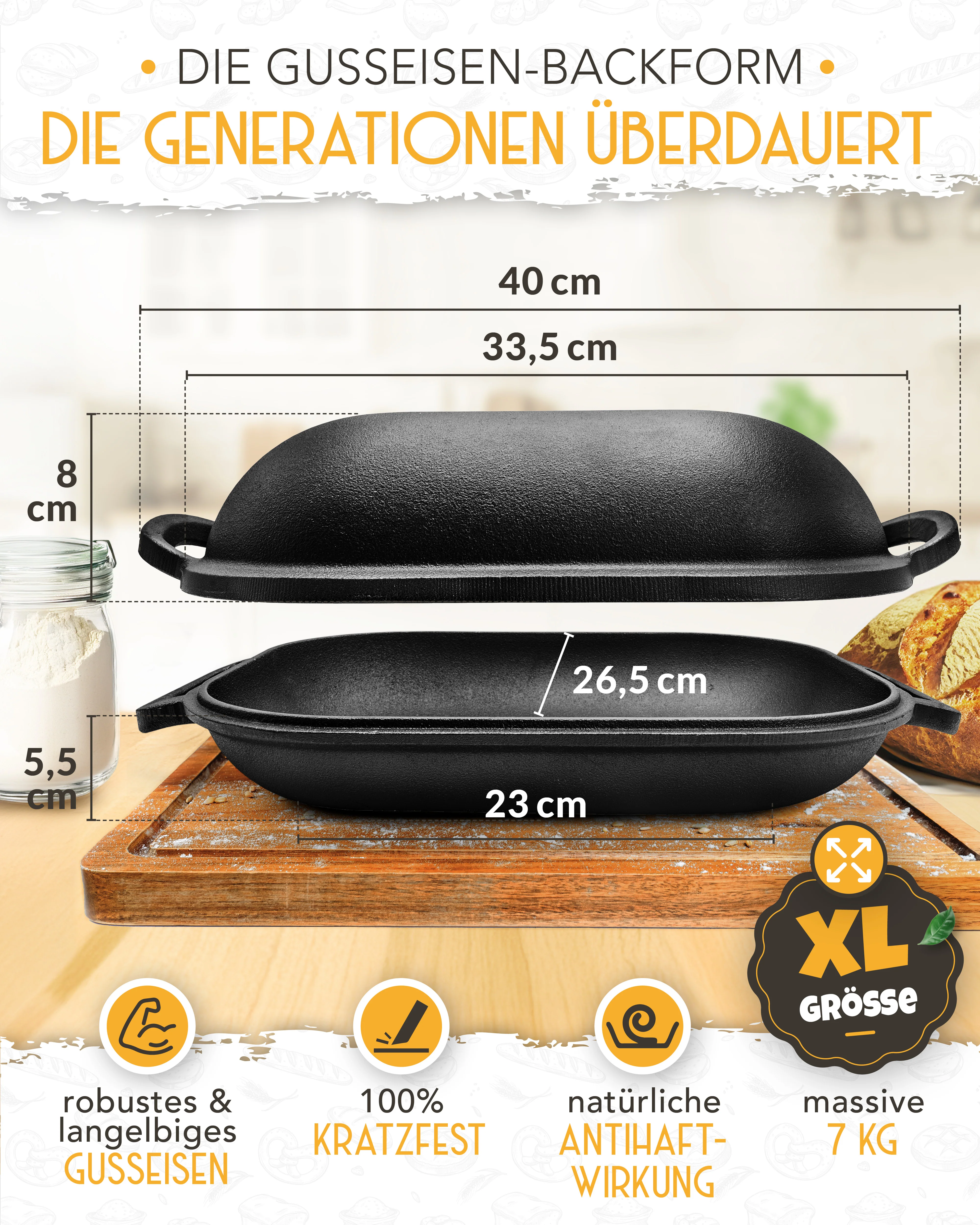 2-in-1 Gusseisen Bräter 40cm mit Deckel inkl. Gärkorb - Image 3