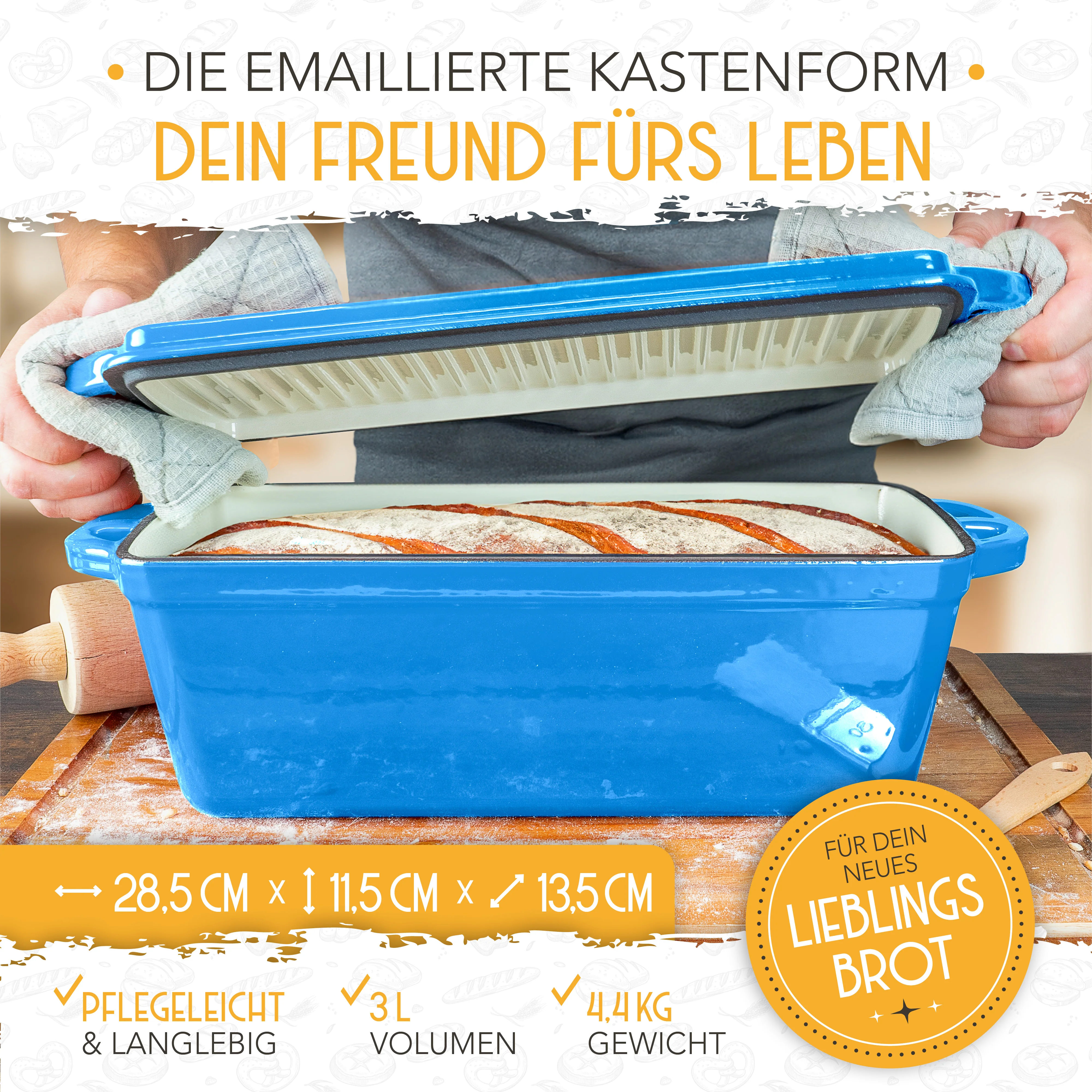 Emaille Brotbackform 28cm mit Deckel in Blau - Image 4
