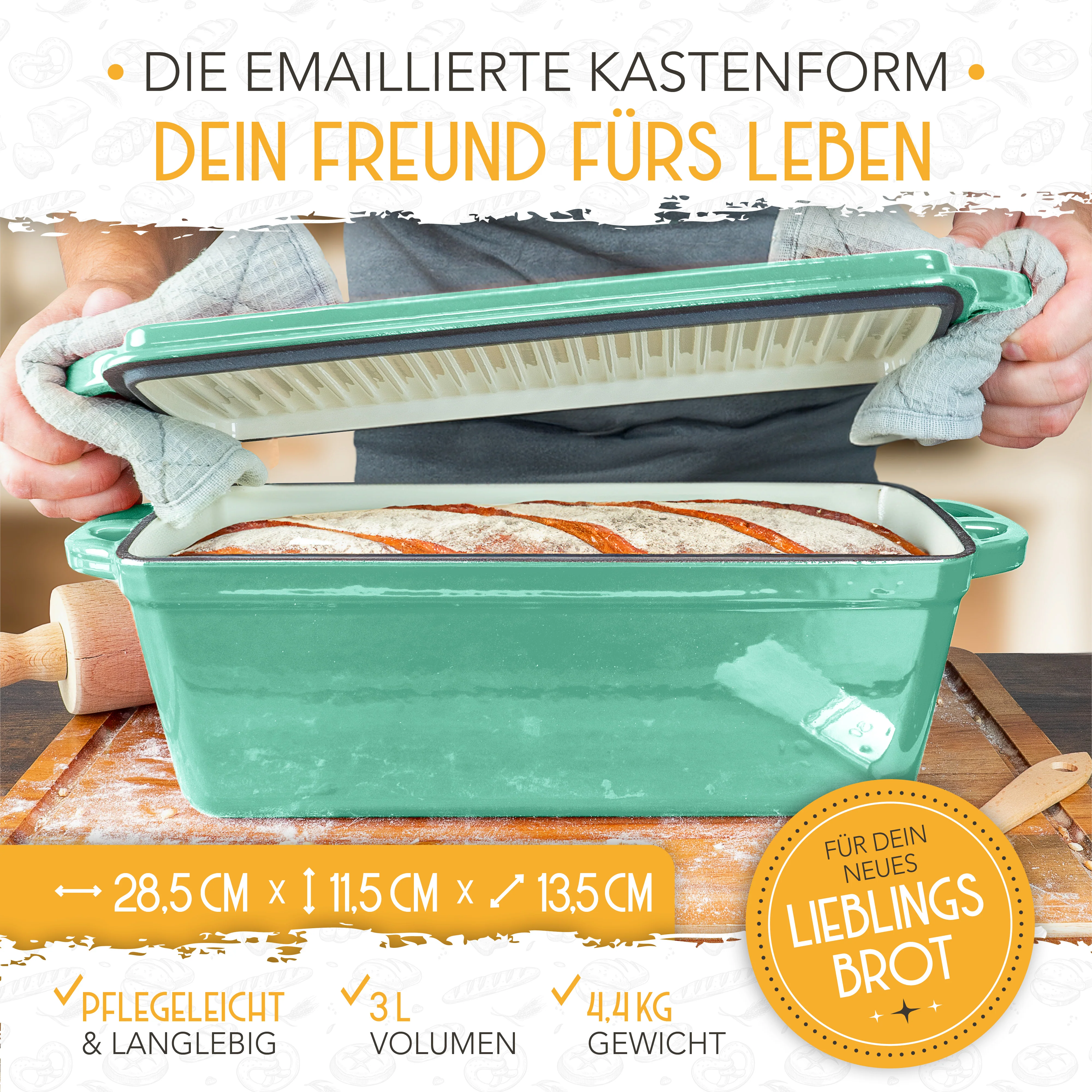 Emaille Brotbackform 28cm mit Deckel in Mint - Image 4