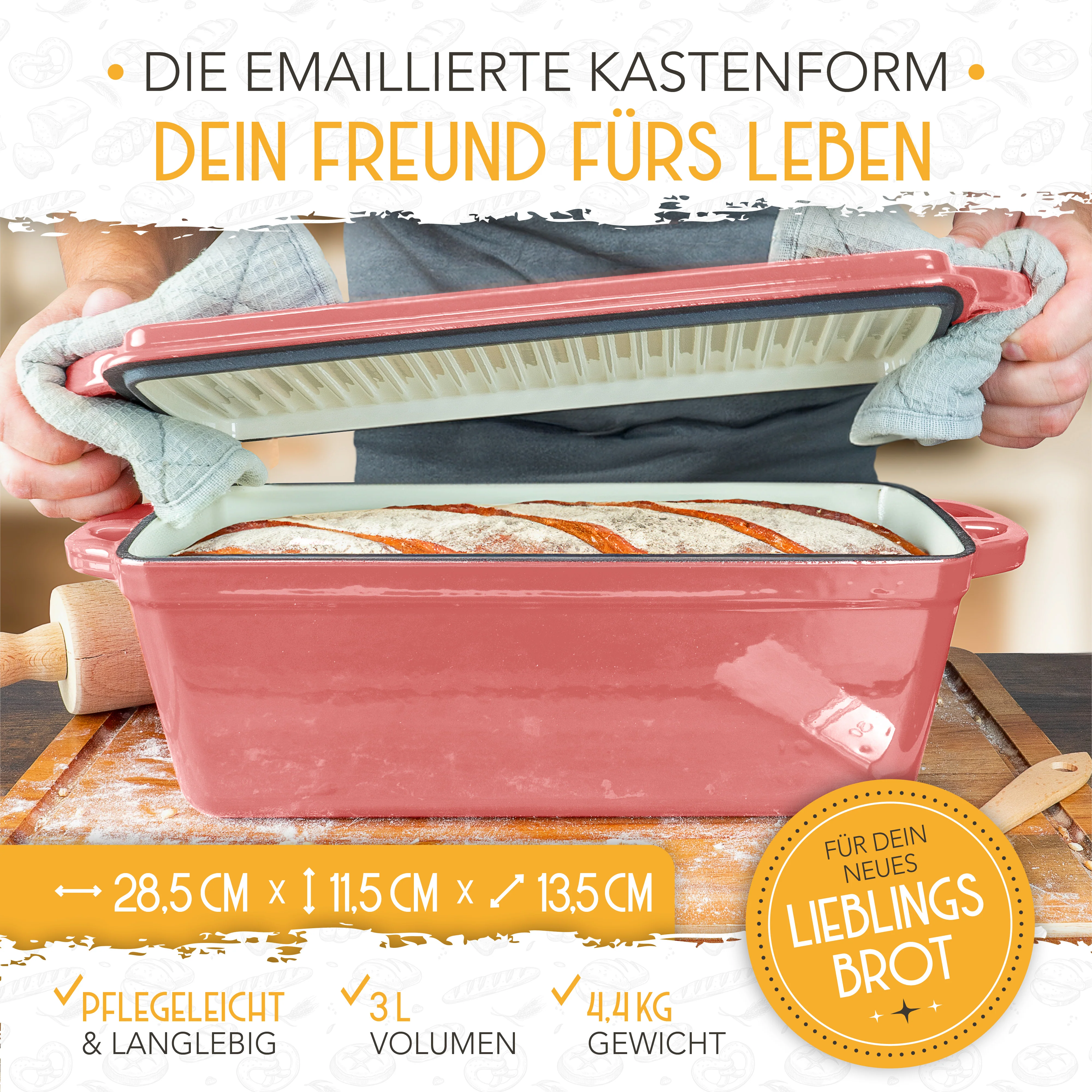 Emaille Brotbackform 28cm mit Deckel in Rosa - Image 4