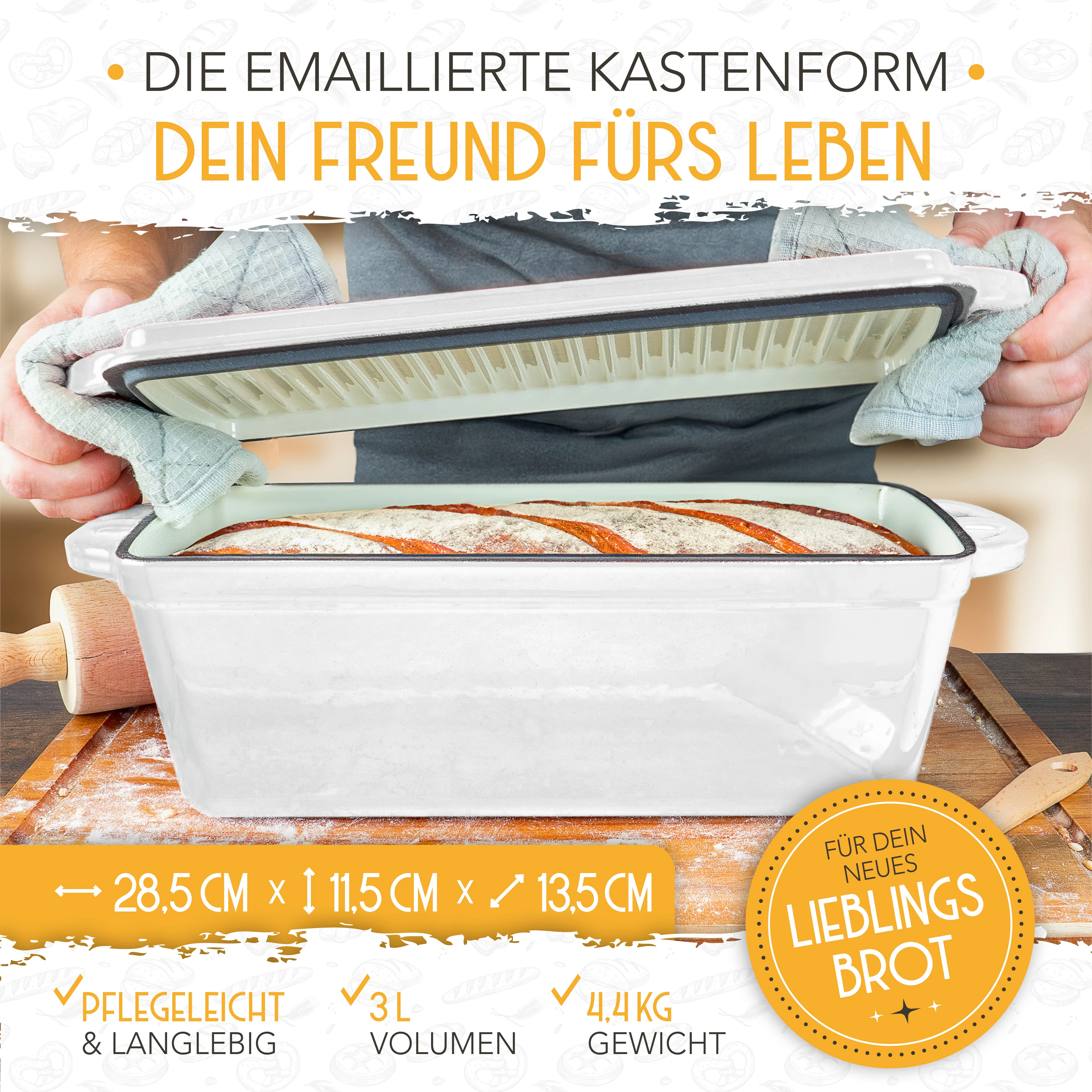 Emaille Brotbackform 28cm mit Deckel in Weiß - Image 4