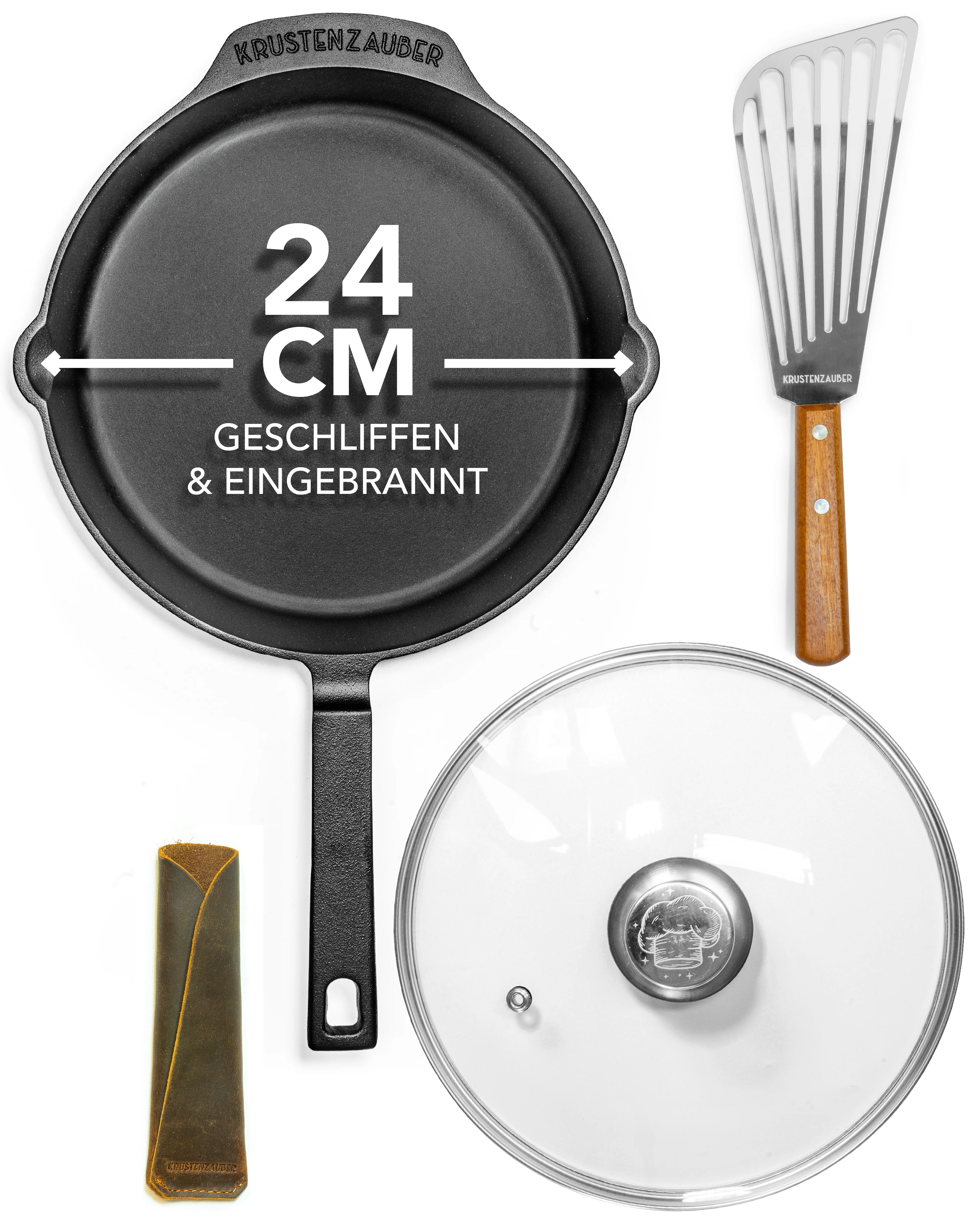 Gusseisenpfanne 24cm mit Deckel und Pfannenwender
