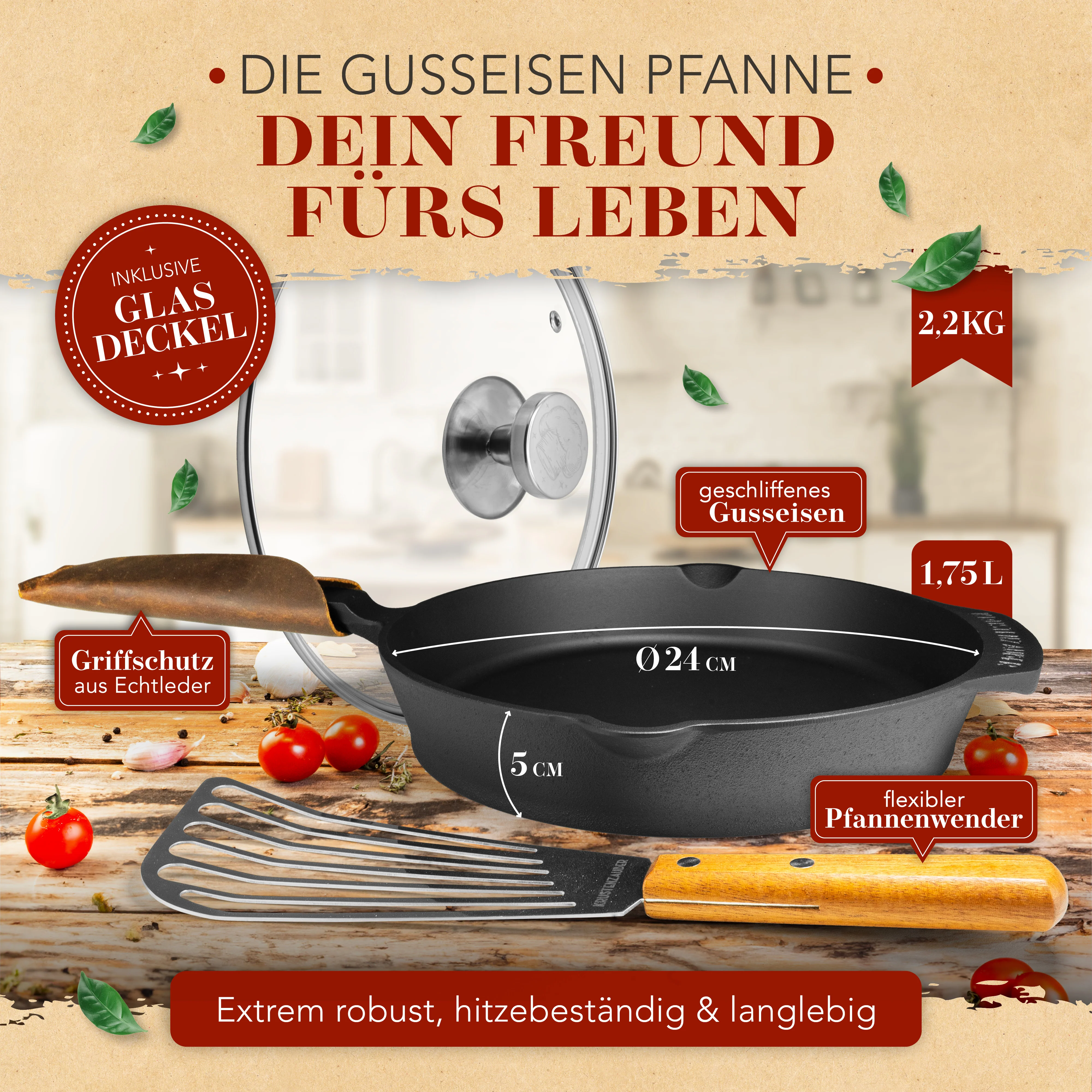 Gusseisenpfanne 24cm mit Deckel und Pfannenwender - Image 3