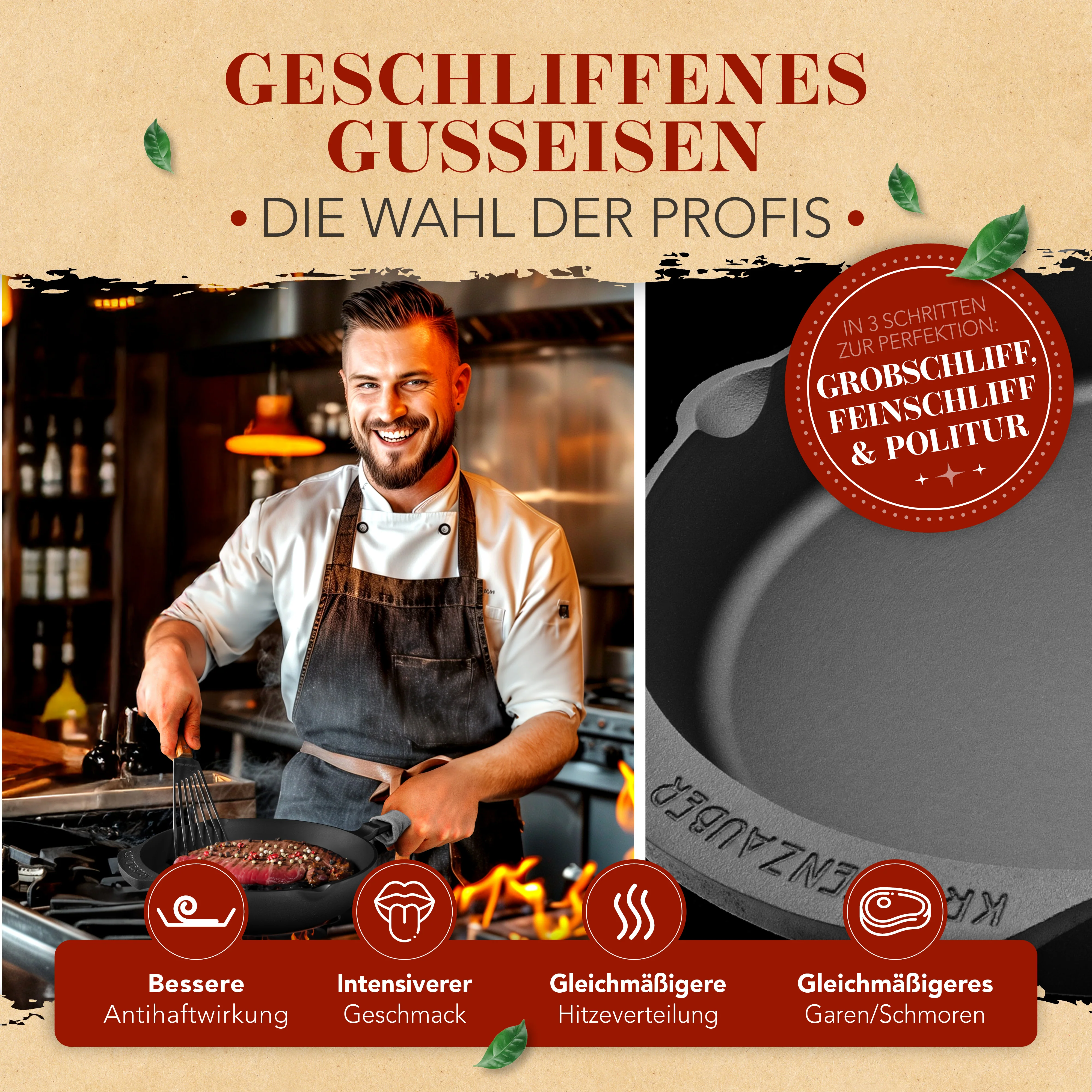 Gusseisenpfanne 24cm mit Deckel und Pfannenwender - Image 4